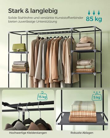 Шафа, Тканинна шафа, 12 з рейкою для одягу та полицями, Міцна шафа, для спальні, гардеробної, 150 x 45 x 175 см, Сірий LSF03G