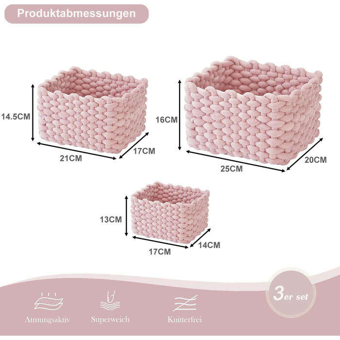 Бавовняний кошик для зберігання, набір з 3 шт. - Плетений кошик-органайзер для шафи, ванної кімнати, кухні - Зберігання для дрібних побутових речей (світло-рожевий)