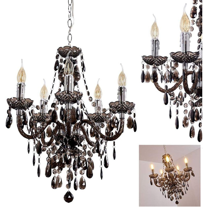 Металева люстра в чорному/хромованому кольорі, підвісний світильник 5-light, 5 x E14, класичний підвісний світильник з декоративними кристалами, вінтажний/ретро дизайн, без лампочки (чорний, прозорий, прозорий)