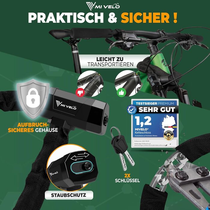 Замок велосипедний MIVELO ланцюговий високої безпеки ланцюг для велосипеда з шестиміліметровим квадратним перетином I Велозамок з загартованої сталі з ключем, 90 см