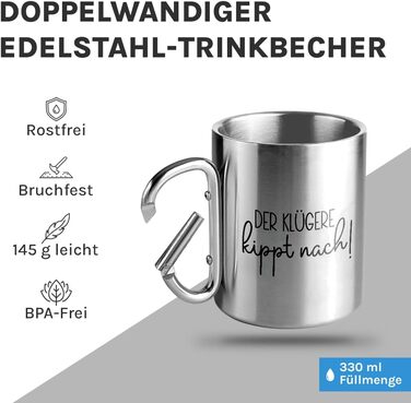 Відсоткові моменти Розумніший поступається Стаканчик для пиття з нержавіючої сталі з карабіном Ідея подарунка 330 мл Стаканчик Для кемпінгу Ключки Срібний без кришки