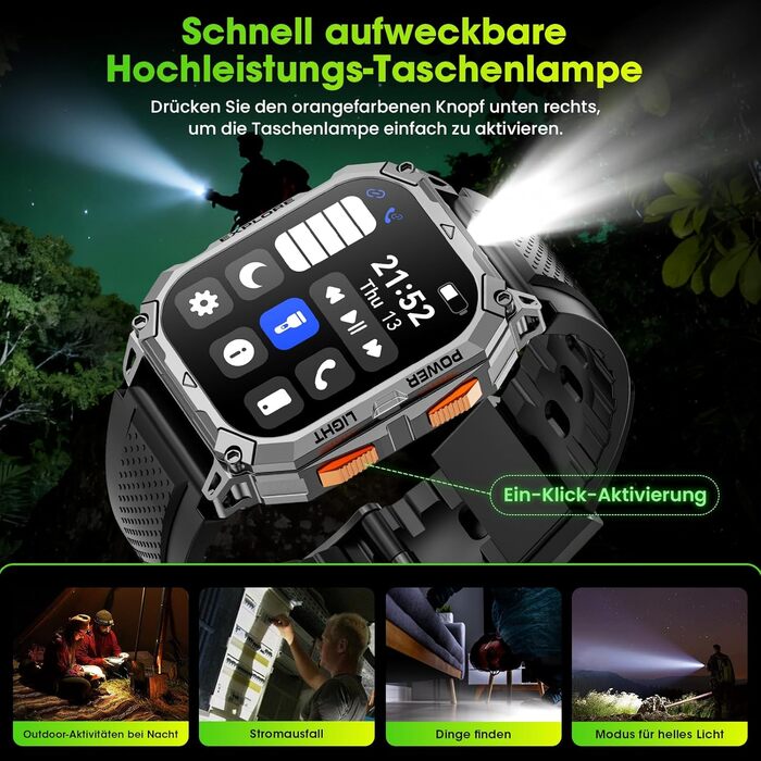 Чоловічий смарт-годинник, 2.01-дюймовий HD смарт-годинник із тривалим часом роботи батареї 1000 мАг, 114 спортивних режимів, фітнес-годинник у військовому стилі з датчиком серцевого ритму/крокоміром/монітором сну/ліхтариком, сумісний з Android iOS, помара