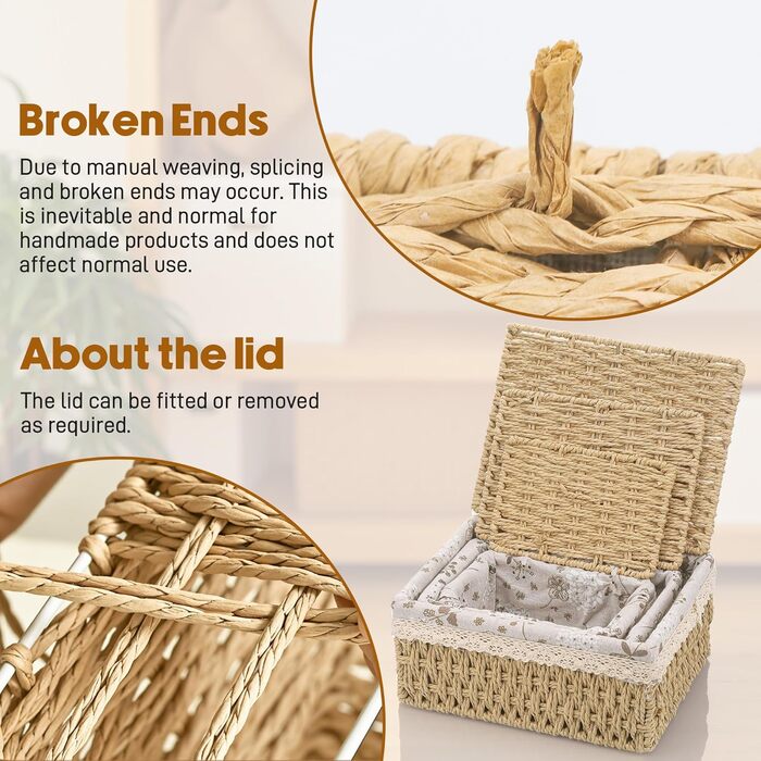 Набір кошиків для зберігання з 3 предметів з кришкою, декоративний плетений кошик, компактні кошики для зберігання у ванній кімнаті, плетений подарунковий кошик, коробка для зберігання зі знімною підкладкою (3 розміри)