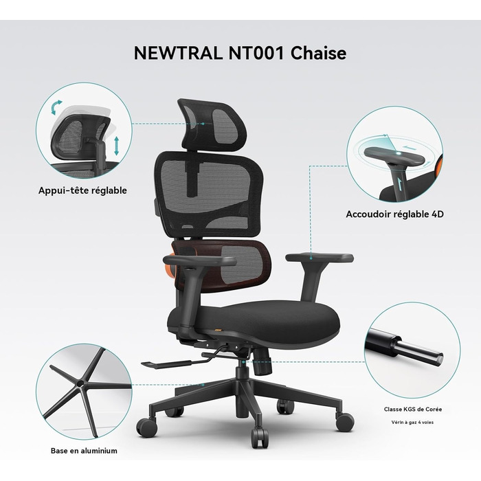 Ергономічне офісне крісло Newtral NT001, ергономічне офісне крісло 150 кг, ергономічне офісне крісло, комп&39ютерне крісло з регульованим підголівником та підлокітниками (NT001 знімна стільниця, чорний) Чорний NT001 знімна стільниця