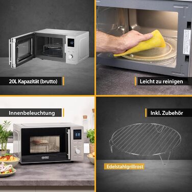 Мікрохвильова піч TZS First Austria 1100 Вт з функцією гриля 800 Вт, ємність 20 л (брутто), функція швидкого старту, LCD дисплей, 8 автоматичних програм, 700 Вт, нержавіюча сталь