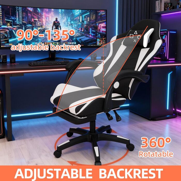 Ергономічне ігрове крісло FRANKYSTAR Clutch, офісне крісло з поперековою подушкою, підголівником та підставкою для ніг з ПВХ, чорно-біле