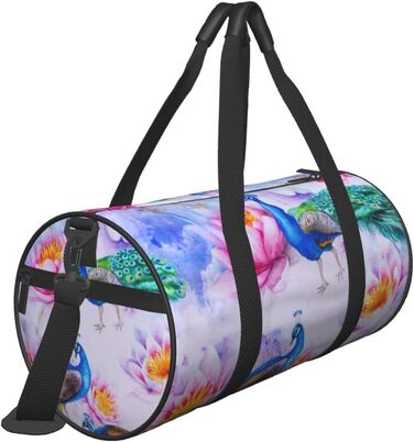 Спортивна сумка для подорожей, стильна з принтом павича та лотоса, дорожня сумка на ніч, чорна, універсальний розмір