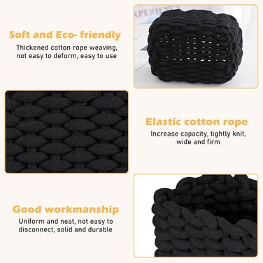 Бавовняні кошики для зберігання, Плетений бавовняний шнур, Кошики для зберігання, Органайзери, Кошики для зберігання для дитячої кімнати, вітальні, ванної кімнати, Розміри D27xH17 см D33xH22 см (Чорні), 2 шт.