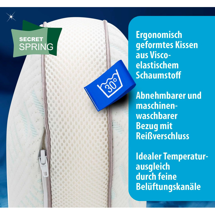 Подушка HSP Метелик з ефектом пам&39яті Подушка для сну на боці - подушка для підтримки шиї - ергономічна підтримка - дихаюча - ортопедична подушка - 45 x 35 x 10 см, біла