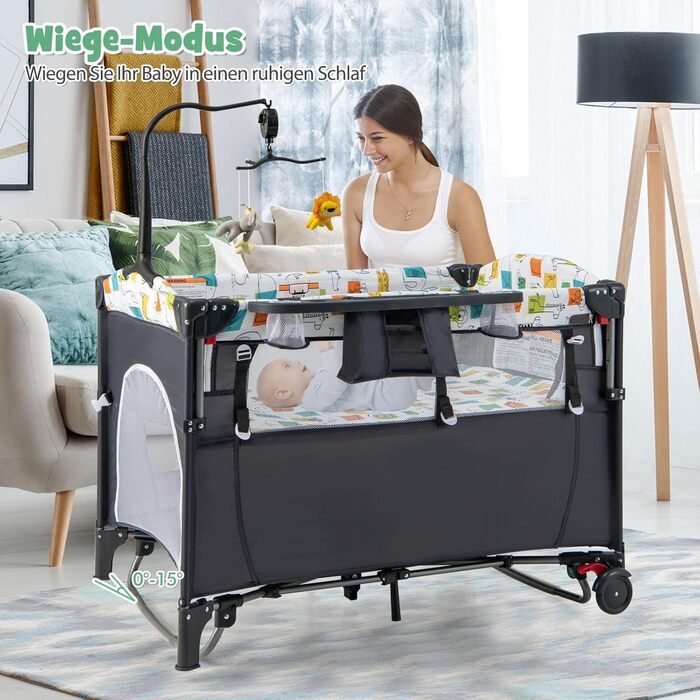 Дорожнє ліжечко DREAMADE 5-в-1 з матрацом 120 x 60 см, регульована по висоті тумбочка з пеленальний столик, музичний мобіль та іграшки, дитяче ліжечко та гойдалка для малюків від народження (сірий)