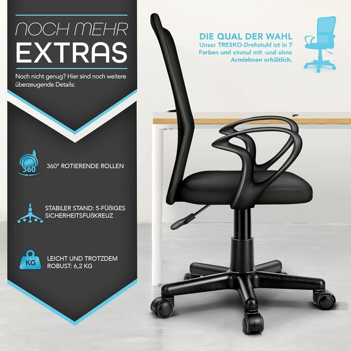 Офісний стілець TRESKO, стілець для роботи, обертовий стілець, з підлокітниками та плавнохідними пластиковими колесами, безступінчасте регулювання висоти, м&39яке сидіння, ергономічна посадка, підйомник, протестовано SGS, з підлокітниками, чорний