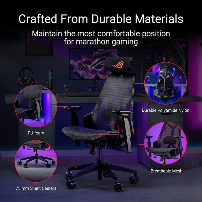 Ігрове крісло ASUS ROG Destrier Ergo Core (ергономічне ігрове крісло, підлокітники з поворотом на 360 градусів та висотою до 14 см для мобільних ігор, нейлонова рама, сітка, регульована поперекова опора та підголівник) ROG Destrier Ergo Core Black