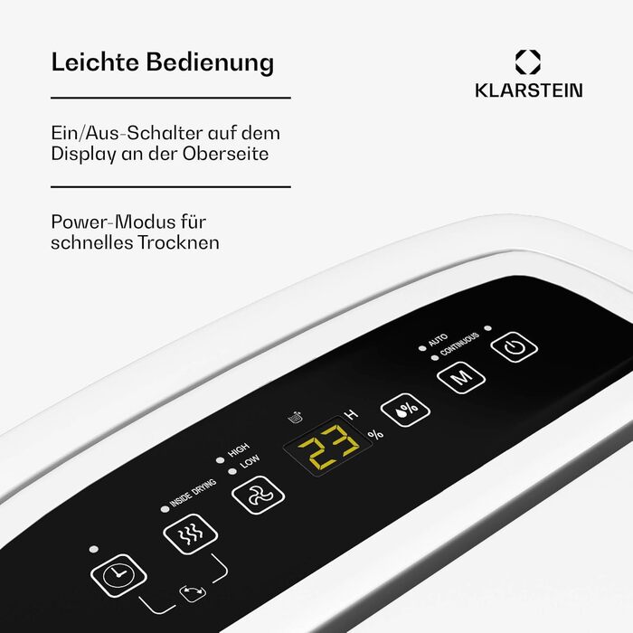 Осушувач повітря Klarstein DryFy 20 л - 400 Вт, 20 л/день, резервуар 5 л, тихий на 46 дБ, автоматичне обертання, таймер, режим суш