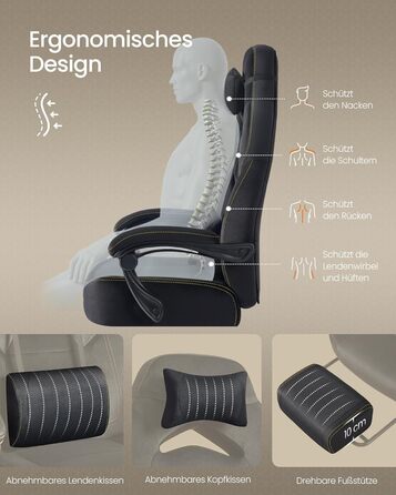 Ігрове крісло SONGMICS, офісне крісло, комп&39ютерне крісло, ергономічний дизайн, з підставкою для ніг, регульований підголівник, поперекова опора, вантажопідйомність 150 кг, чорний колір OBG077B08, оксамитова тканина чорного кольору