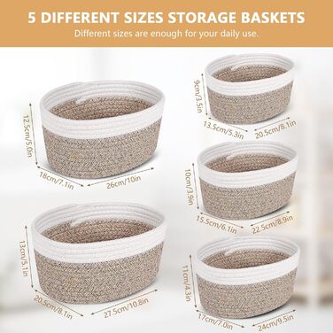 Кошики для зберігання з плетеної бавовняної мотузки Verdenu, набір з 5 шт. , кошики для зберігання з бавовняної мотузки, плетені кошики для зберігання, полиці-кошики для ванної кімнати, спальні, дитячої кімнати, вітальні (двоколірні)
