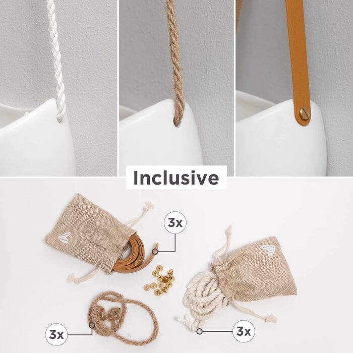 Настінні вази -Ellie- Підвісні керамічні кашпо для квітів 3 шт. Настінний декор для кімнати, балкона і саду Білий (матовий) набір