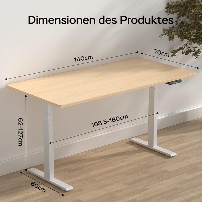 Стіл з регулюванням висоти 140x70 см, цільна стільниця 25 мм, подвійний двигун, 3-рівнева конструкція, інтелектуальне керування з 4 слотами пам&39яті та 2 USB-портами (бежевий білий 140 см x 70 см)