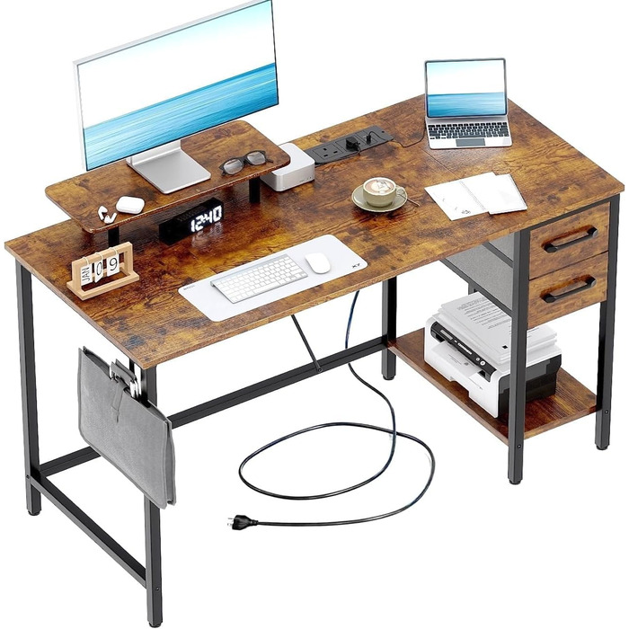 Письмовий стіл з розетками, 2 шухлядами та знімною підставкою для монітора, 100x50 см. Двосторонній комп&39ютерний стіл. ПК-стіл для домашнього офісу, кабінету, спальні, коричневий 100*50 см.