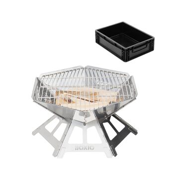 Чаша для вогню з нержавіючої сталі з решіткою для гриля - Восьмикутна чаша для вогню для гриля на свіжому повітрі та кемпінгу, невелика чаша для вогню з екраном для іскри, міні-бочка для вогню та кошик для вогню для саду та багаття (Fire)