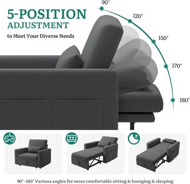 Крісло-ліжко з функцією сну 19288, розкладний диван-ліжко 3-в-1, регульоване одномісне крісло з подушкою та бічною кишенею, диван з функцією сну для вітальні-квартири, темно-сірий