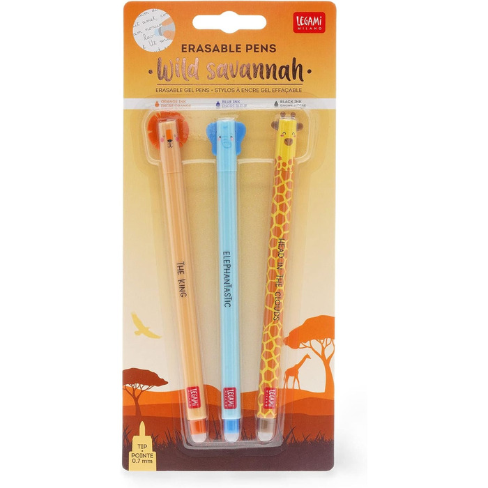 Гелева ручка, що стирається, кулькова ручка на кінці для видалення чорнил без витрати паперу, чорне термочутливе чорнило - колекція Саванна - лев, жираф, слон