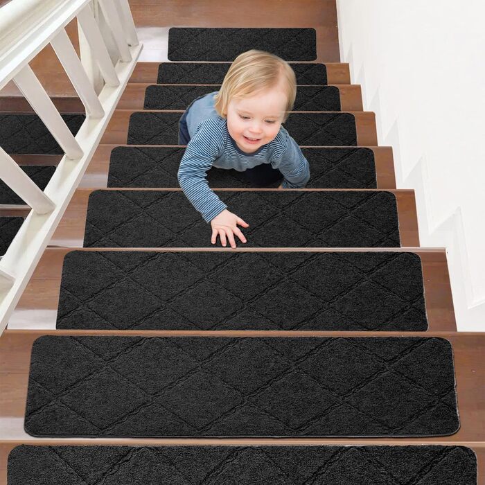 Килимки для сходів 55x19 см, самоклеючі протиковзкі килимки для сходів для використання в приміщенні, багаторазові, можна різати для дерев&39яних сходів, ідеально підходять для дітей, людей похилого віку, домашніх тварин (чорні з ромбоподібним візерунком)