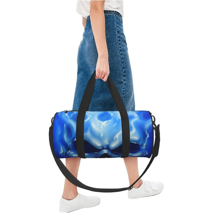 Синя смугаста сумка-дорожня сумка з черепом, кругла, великої місткості, легка та міцна, подарунок для походів, відпустки, ділових поїздок та іншого, синій полумяний череп, універсальний розмір