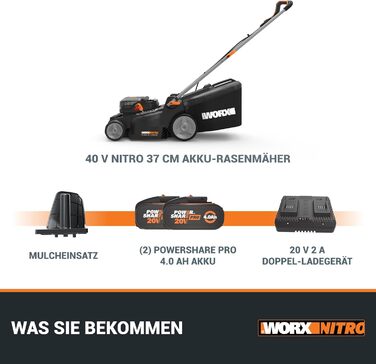 Акумуляторна газонокосарка WORX WG737E Nitro 40В (2х20В) - потужний безщітковий двигун - ширина зрізу 37см - 6 налаштувань висоти зрізу (20-70мм) - травозбірник на 40л - в комплекті батареї 2х4Ач та подвійний зарядний пристрій