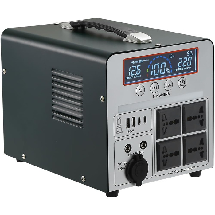 Портативна електростанція 1000 Вт/666 Втгод, портативний акумуляторний генератор, резервний акумуляторний блок для кемпінгу, автофургонів, дронів, надання першої допомоги та зовнішнього освітлення, з 4 розетками змінного струму