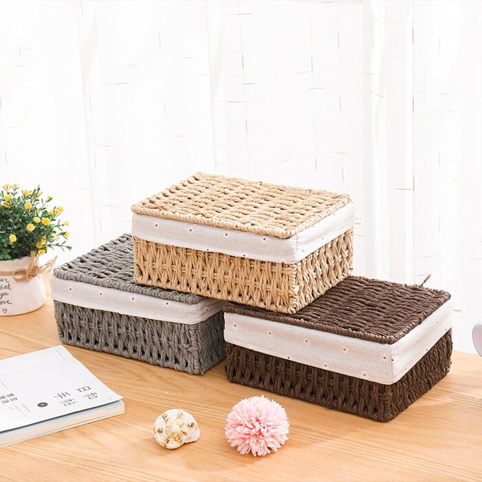 Набір кошиків для зберігання з 3 шт. з кришками Плетені кошики з паперової мотузки з бавовняною підкладкою, коробка в стилі бохо для іграшок, ванна кімната, вітальня Натуральний колір та штабелюються (бежевий)