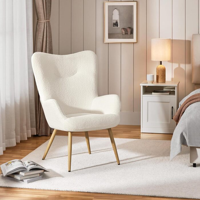 Крісло Yaheetech Wingback, елегантне крісло, м&39яке крісло зі складною спинкою, витримує вагу до 136 кг, крісло для вітальні/спальні, біле, без пуфа