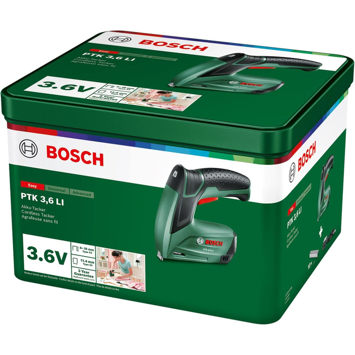 Акумуляторний степлер Bosch PTK 3.6 LI (Вбудований акумулятор, 3.6 вольт, 30 ударів/хв, у металевому корпусі) PTK 3.6 LI 1.5 Ah Зарядний пристрій USB