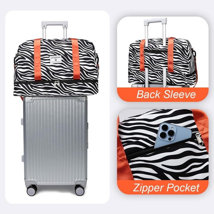 Жіноча спортивна сумка, дорожня сумка, 42,43 л, жіноча спортивна сумка для коротких поїздок з відділенням для взуття та відділенням для вологих речей, велика сумка на вихідні з зебровим та леопардовим принтом, водонепроникна, бежева, A