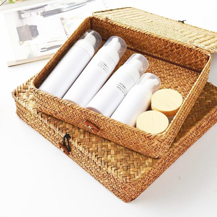 Кошики для зберігання морської трави з кришками, плоский плетений кошик, плоский плетений кошик для полиць, декоративні коробки для зберігання та організації