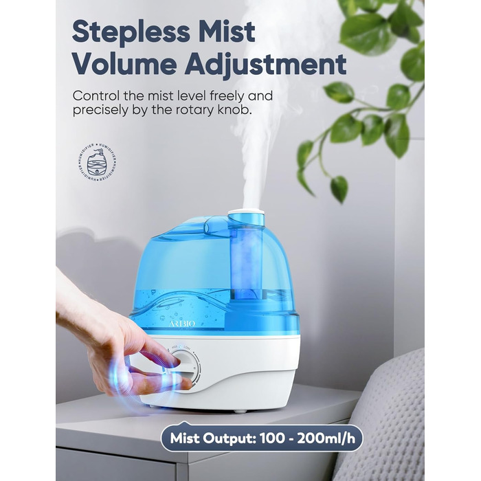 Зволожувач повітря, Зволожувач повітря для спальні 2,2 л з насадкою, що обертається на 360, Тихий на 28 дБ, Автоматичне вимкнення