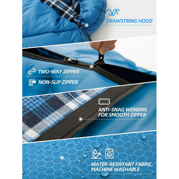 Спальний мішок Bessport 3-4 сезони - Фланелевий спальний мішок Зима, Тепла ковдра для активного відпочинку на свіжому повітрі, Невеликий розмір упаковки, Надлегкий, Водонепроникний для кемпінгу, подорожей, походів, для дорослих, Синій