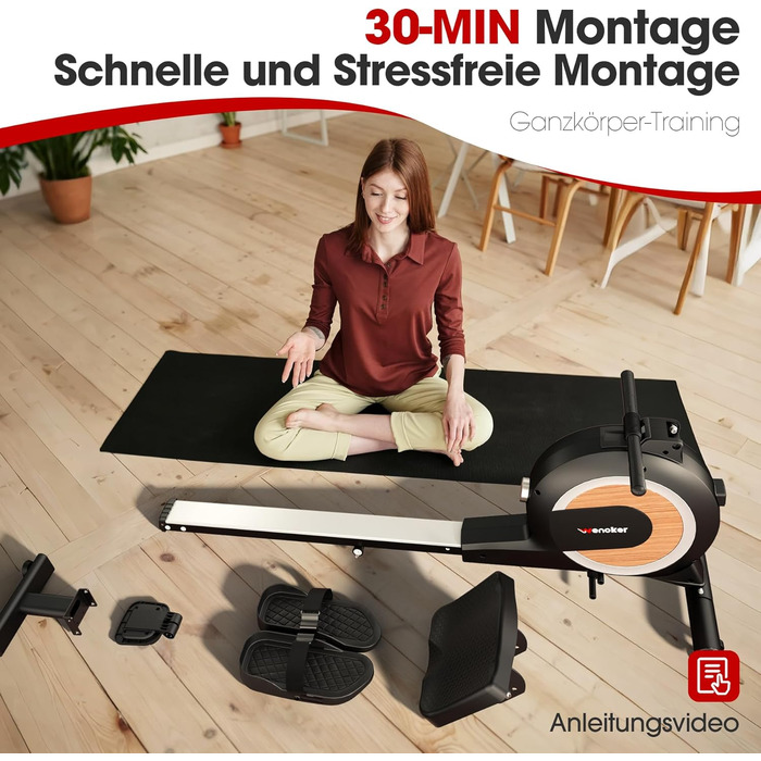 Домашній гребний тренажер Wenoker, магнітний гребний тренажер із застосунком та РК-дисплеєм, 32 рівні опору, тихий домашній гребний тренажер для кардіотренувань, вантажопідйомність 160 кг, вертикальне зберігання