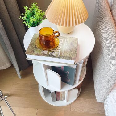 Обертова книжкова полиця Heehee з масиву дерева, підлогова полиця для зберігання на 360 градусів для дітей та дорослих, багатофункціональний органайзер для книжкової полиці (2-рівневий білий)