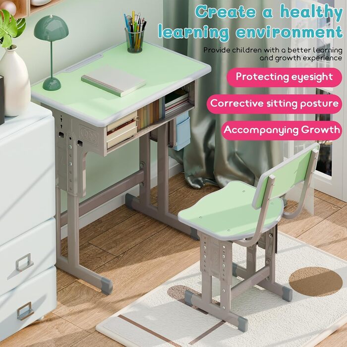 Дитячий комплект столу та стільця, регульований по висоті, для школи та університету, комплект столу та стільця з шухлядою для зберігання речей, ергономічний комплект стільців для роботи з гачком для рюкзака, підходить для дітей від