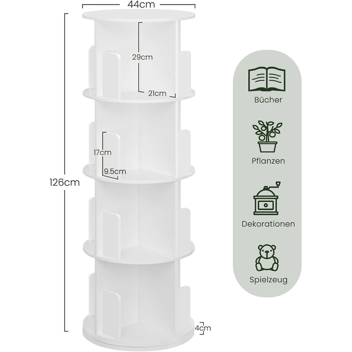Поворотна книжкова полиця на 360 градусів, 4 яруси, 16 відділень, стояча полиця, поворотна полиця, офісна полиця, декоративна полиця, полиця для зберігання, для вітальні, спальні, офісу, дитячої кімнати, біла, 44xH127,4 см 0044SHG 44 x 127,4 см ( x h) біл