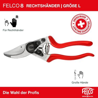 Садові ножиці FELCO 8 Bypass для правшів, ергономічний дизайн для великих рук, сталеве лезо 52 мм, діаметр різання 25 мм, амортизатор, ковані алюмінієві ручки, похила ріжуча головка, швейцарське виробництво FELCO 8 Large Hands (L)