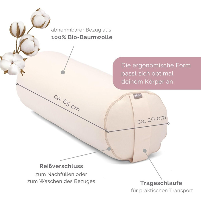 Йога-болстер ЕКО 100 органічна бавовна Йога-рулон з органічним наповнювачем зі спельти Можна прати Кругла йога-подушка для відновлювальних вправ Велика 65 x 20 см натурального кольору