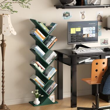 Книжкова полиця у формі дерева, 10-ярусна окремостояча полиця для книг/CD/журналів, DVD, дерев&39яна книжкова полиця для вітальні, спальні та домашнього офісу, темно-зелена, 20Г x 34Ш x 101В см