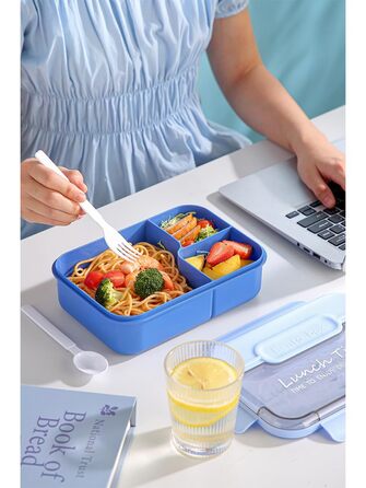 Ланчбокс для дорослих, 1450 мл, стильний контейнер для обіду з ложкою та виделкою, зручний для транспортування, обідній контейнер з 3 відділеннями, без BPA, герметичний, ідеально підходить для їжі (синій)