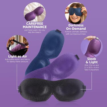 Маска для сну, 3 шт. и, м'яка маска для сну, регульована гумка - Маски для сну для жінок та чоловіків - Накладки на очі для сну з