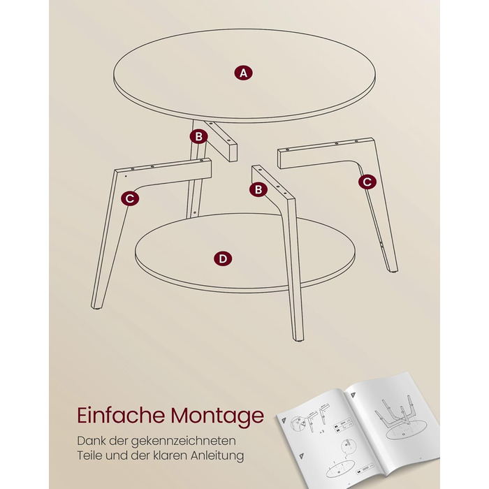 Круглий журнальний столик VASAGLE, 2-ярусний стіл для вітальні, діаметр 80 см, висота 45 см, легке складання, медово-коричневий LCT243K41