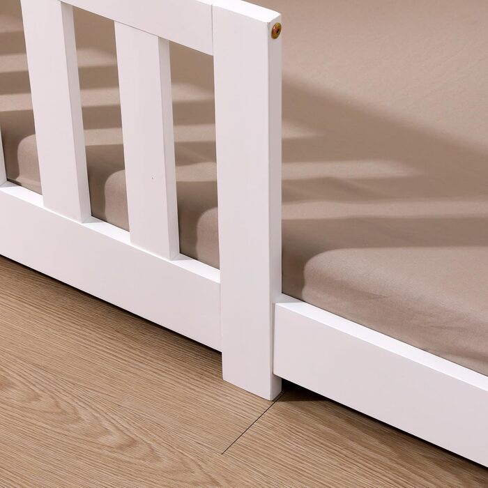 Дитяче ліжко ecomi 80x160 із захистом від падіння, Ліжко на підлогу, Дитяче ліжко з рейковою основою для дівчаток та хлопчиків, Масив сосни білого кольору, 80 x 160 см, Білий