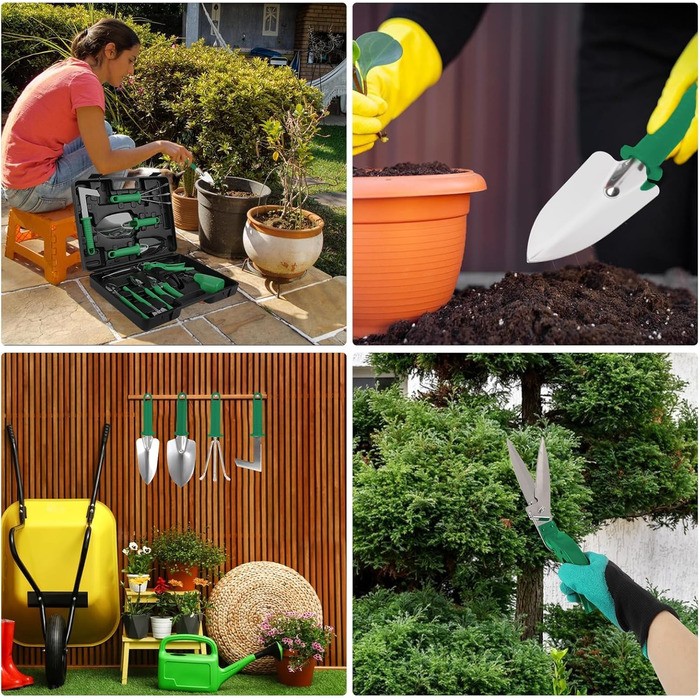 Набір садового інструменту, 11 предметів, з сумкою для перенесення. Комплект для копання, посадки та обрізки. Унікальний набір садового інструменту з рукавичками для жінок та чоловіків (Зелений)