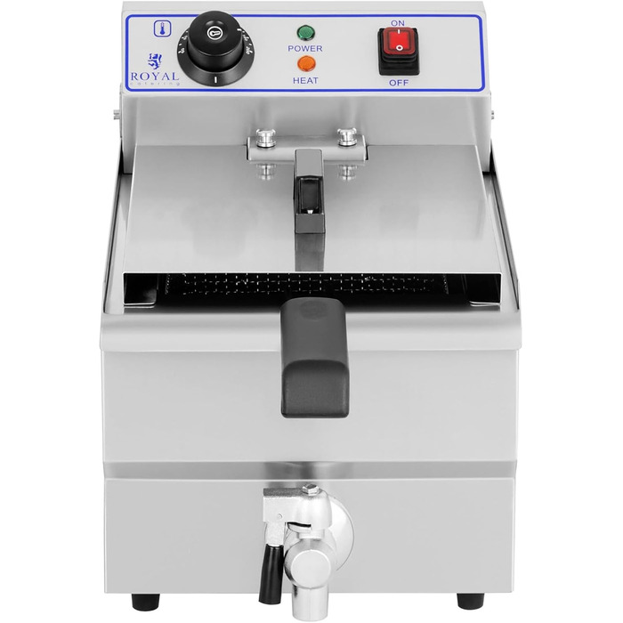 Електрична фритюрниця Royal Catering RCEF-10EH з нержавіючої сталі з кошиком (10 літрів, 3200 Вт, 230 В, термостат 60-200 C, 47,5 x 28 x 34,5 см, зливний кран)