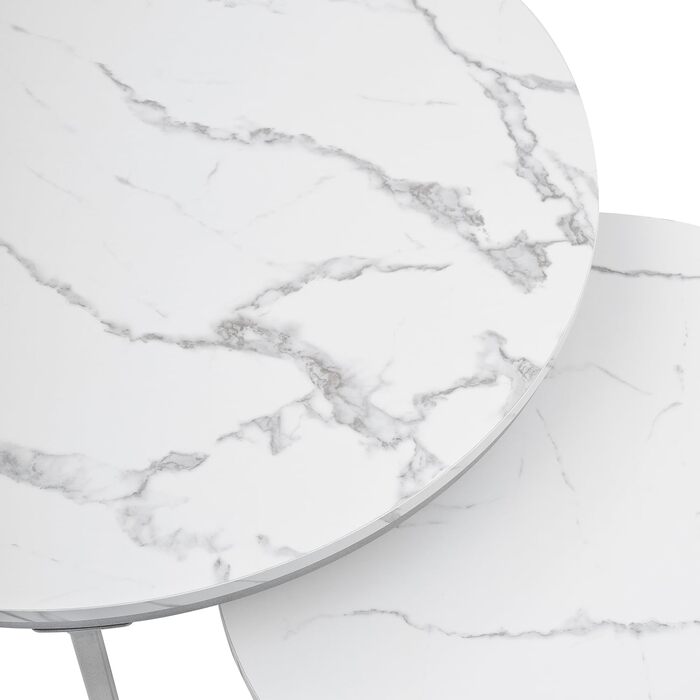 Круглий журнальний столик з мармуру Hitsuki, білий столик для вітальні, комплект із 2 круглих журнальних столиків, срібний бічний столик з металевим каркасом, столик для вітальні, білий мармур та срібний журнальний столик